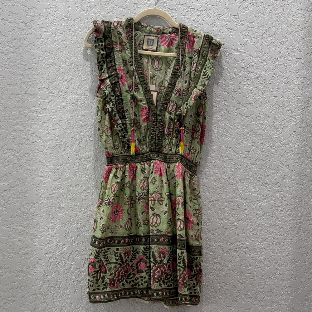 Boho Floral Mini Dress in Green and Pink
